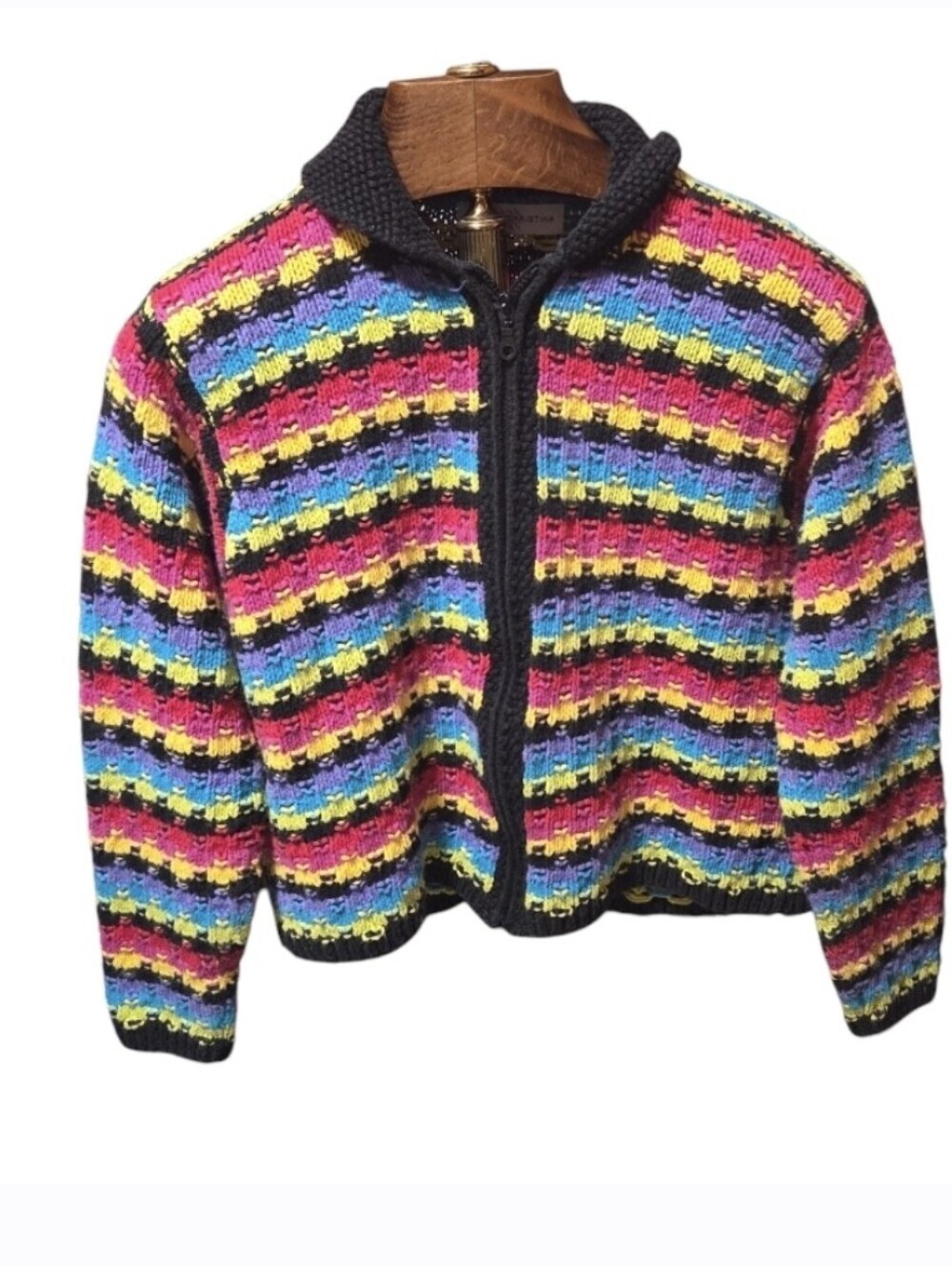 Vintage Marisa Christina Hand Knit Rainbow Zip Cardigan Sweater L/XL